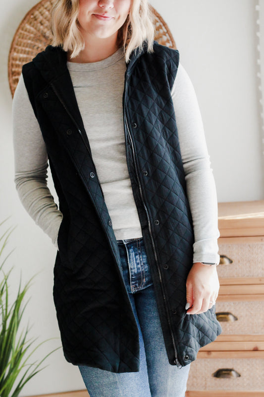 womens black quilted long hood vest athletic mono b