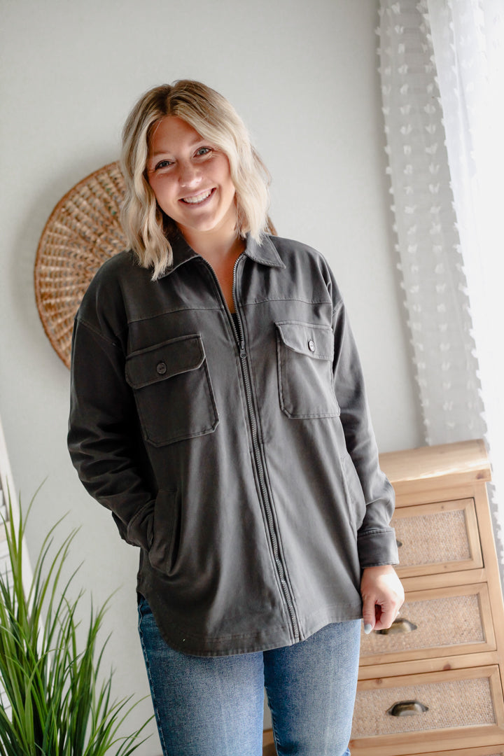 womens charcoal grey zip front shacket cargo utility mono b