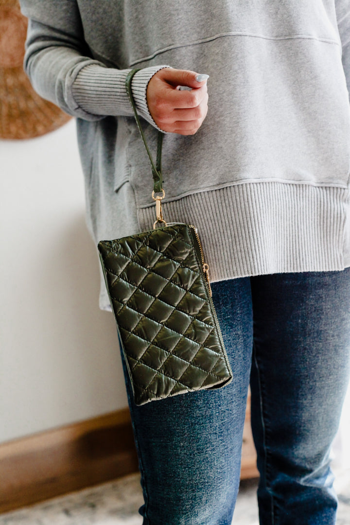 quilted wristlet cross body purse green