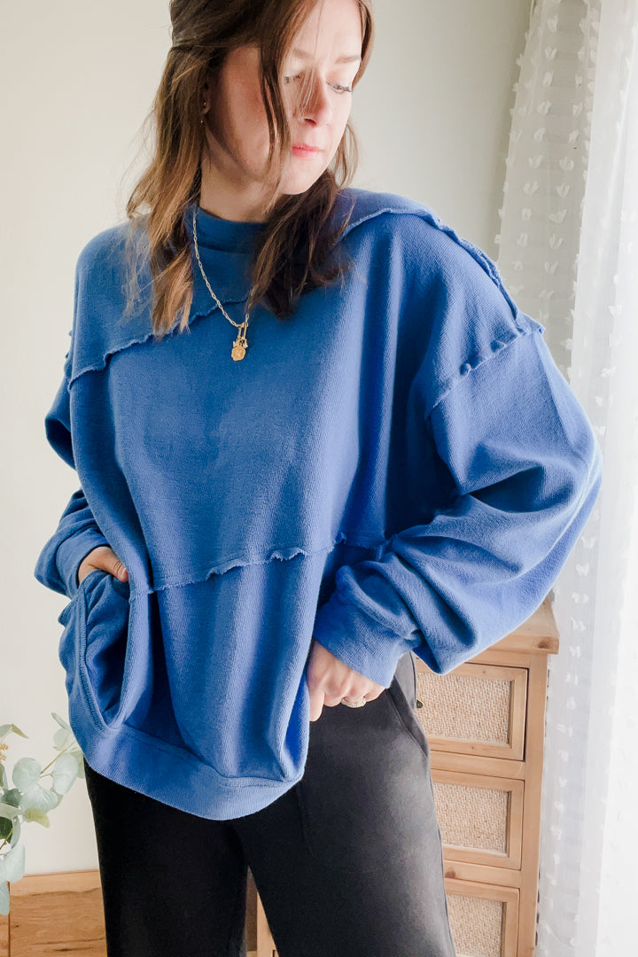 womens raw seam sweatshirt blue fall long sleeve