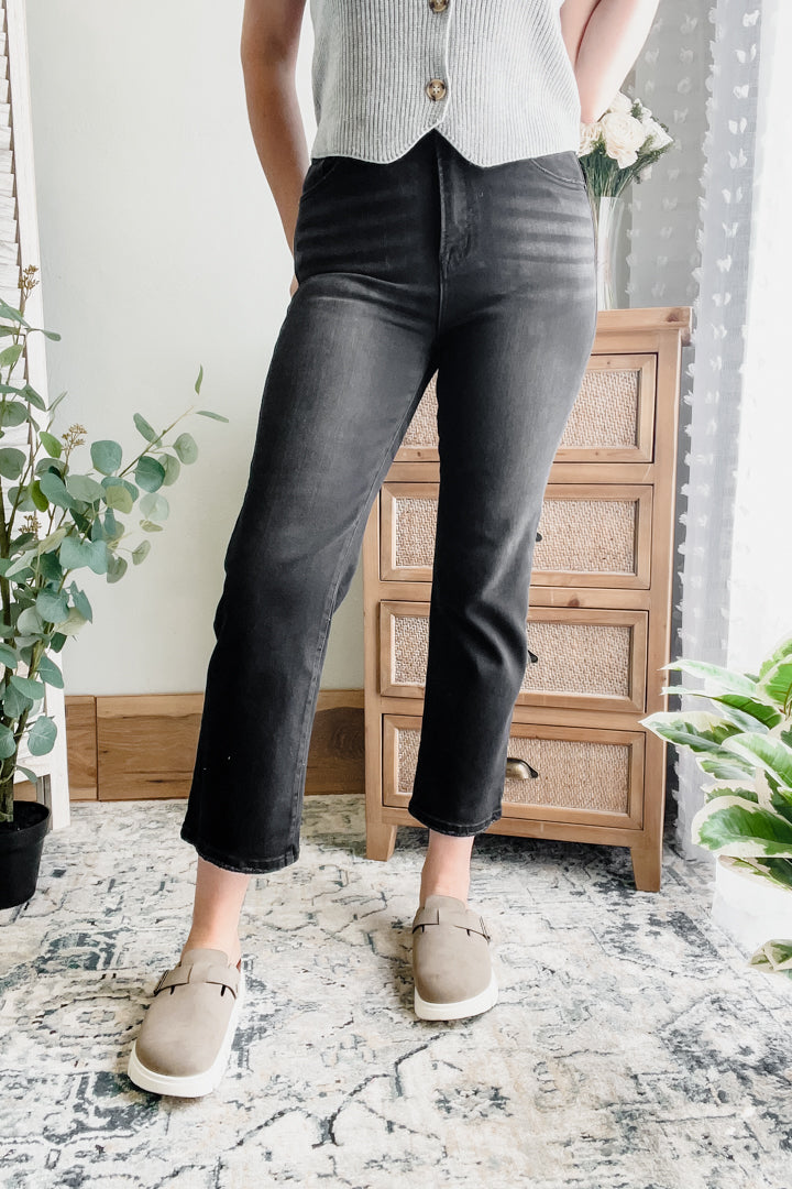 womens black washed cropped straight denim high rise risen jeans