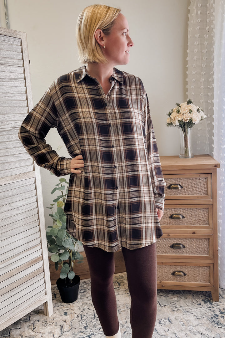 womens long plaid shirt dress fall brown black