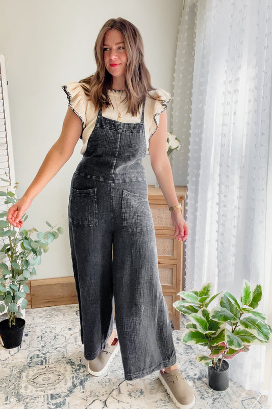 womens mineral wash cotton overall jumpsuit black fall