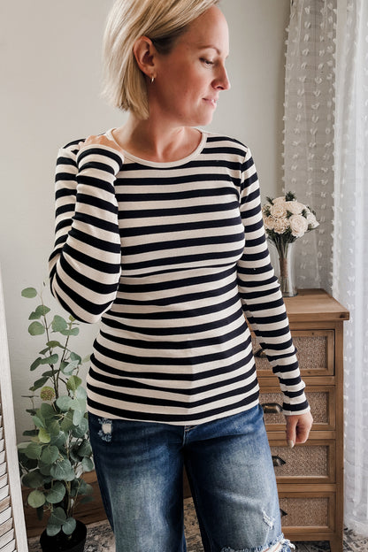 womens  rib knit black white stripe long sleeve top round neck basic fall soya concpet