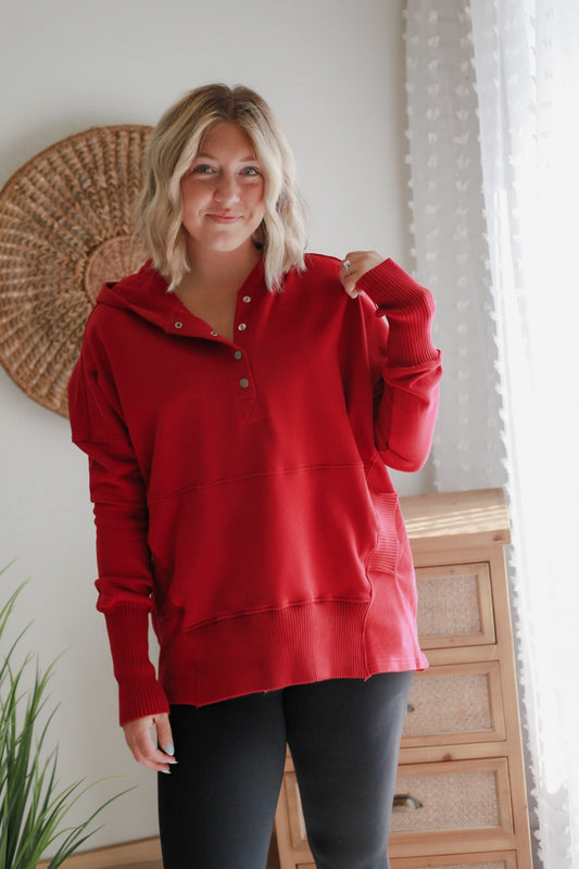 womens red snap pullover sweatshirt hood