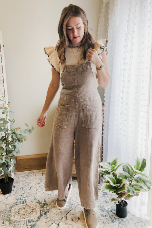 womens mineral wash cotton overall jumpsuit taupe fall