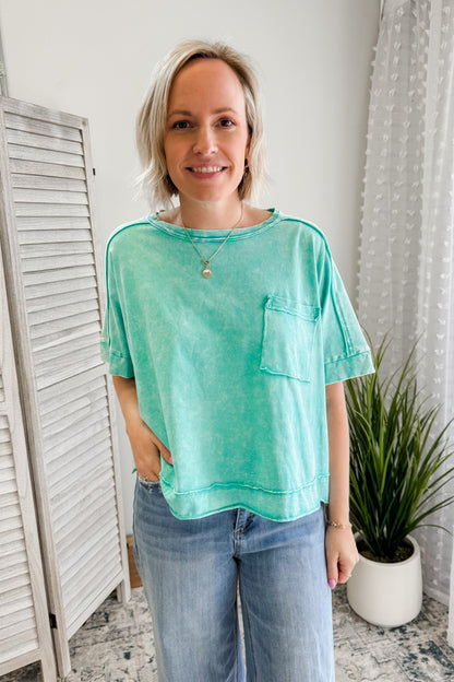 Women's oversized cropped boxy tee with front pocket aqua