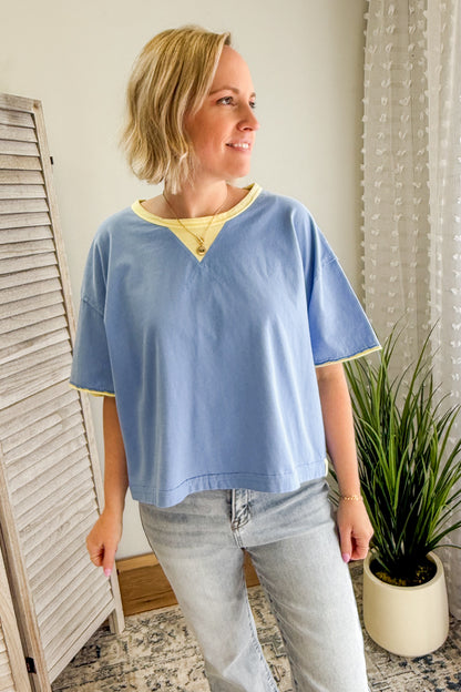 Women's relaxed tee with contrasting colors and raw edge details blue lime