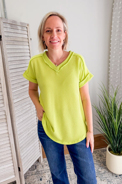 ribbed v-neck short sleeve top lime neon