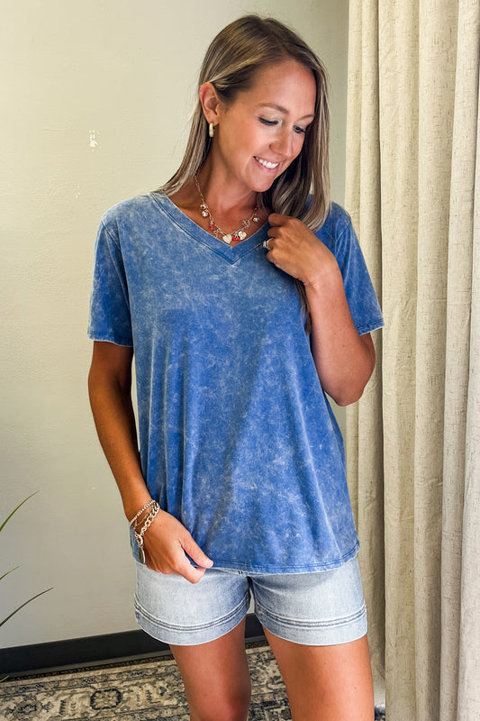 Mineral washed tee shirt top for women blue