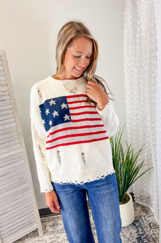 Women's distressed knit American flag sweater ivory