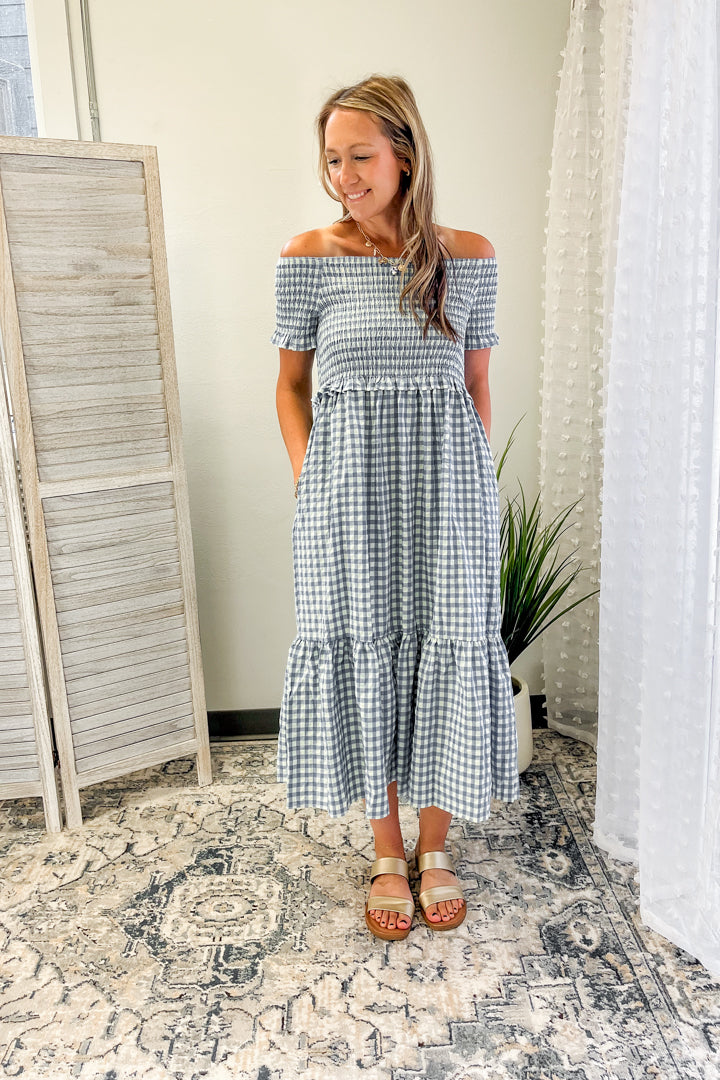 Women's smocked gingham-print midi dress blue