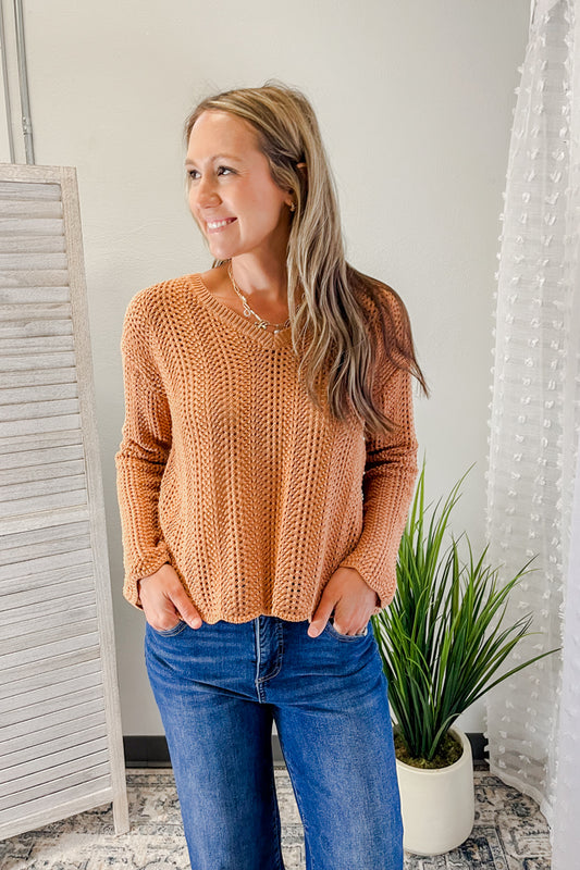 Women's open knit crochet sweater rust 