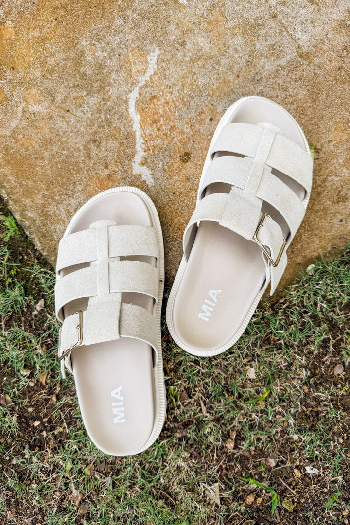 slip-on buckle beige sandals