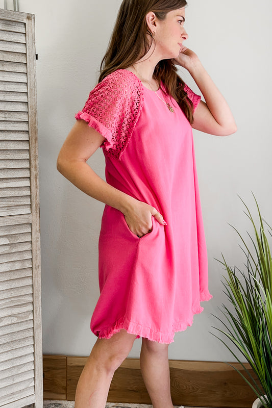 Women's linen blend dress with crocheted sleeves and pockets umgee pink