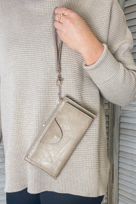 wallet with zip change pocket and wristlet strap beige