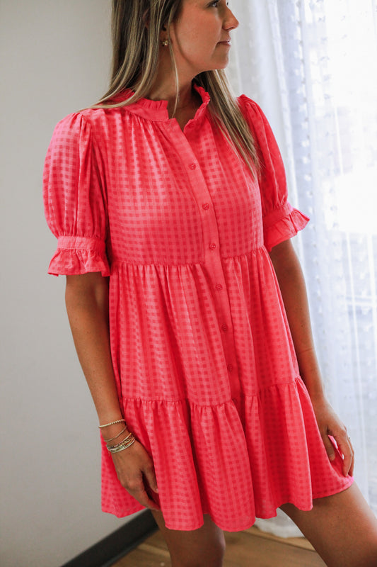 womens gingham puff sleeve tiered button mini dress pink