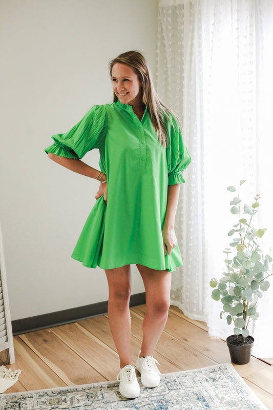 womens green a-line mini dress pleated sleeves bow