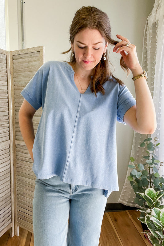 womens blue mineral wash v-neck short sleeve loose top