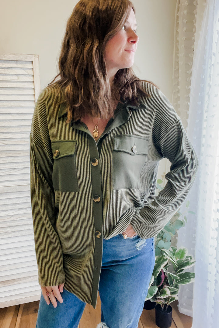 womens olive green rib button cardigan with collar