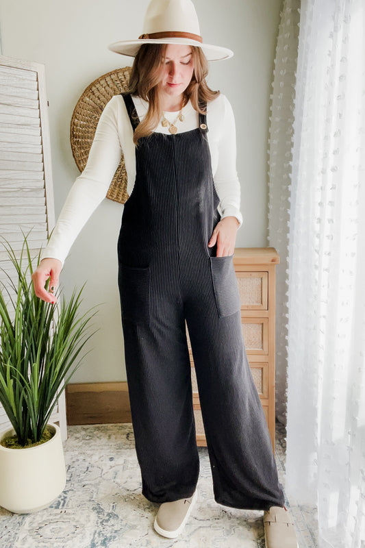 womens rib knit overall black wide leg fall