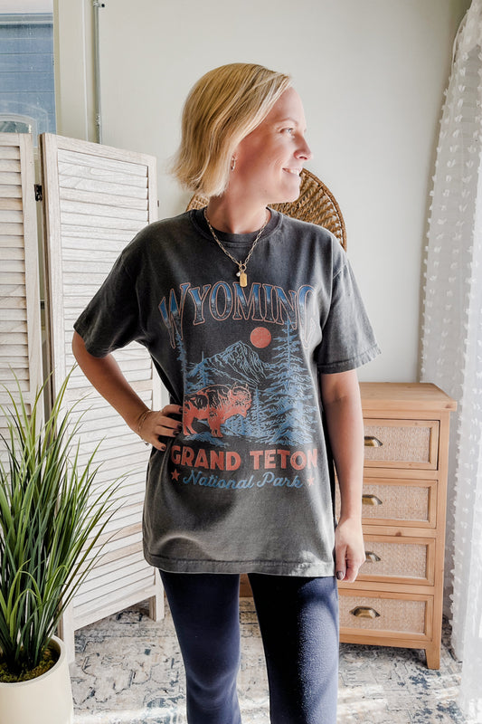 womens wyoming graphic tee grand teton t-shirt charcoal grey