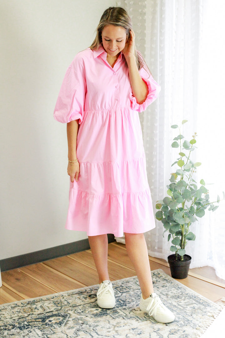 womens tiered midi dress puff sleeves button front nursing-friendly pink