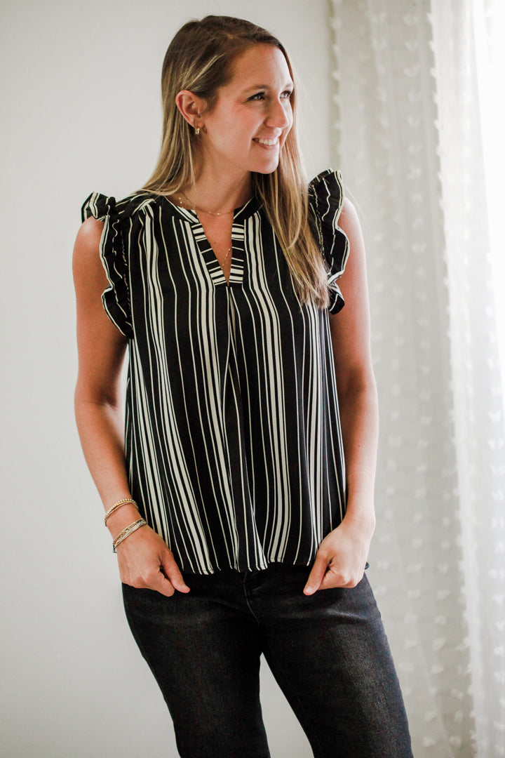 womens flutter ruffle sleeve vertical stripe blouse business causal