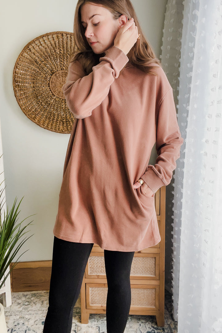 womens long sweatshirt with pockets tunic fall style brown