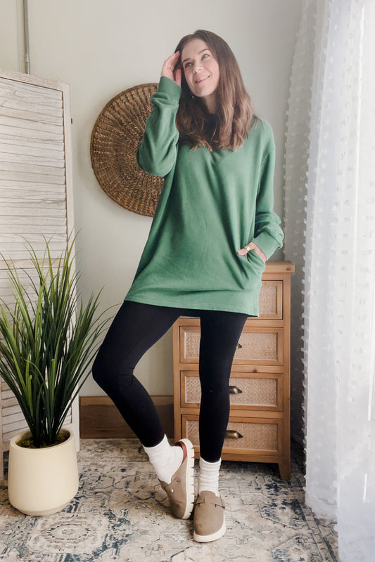 womens long sweatshirt with pockets tunic fall style green