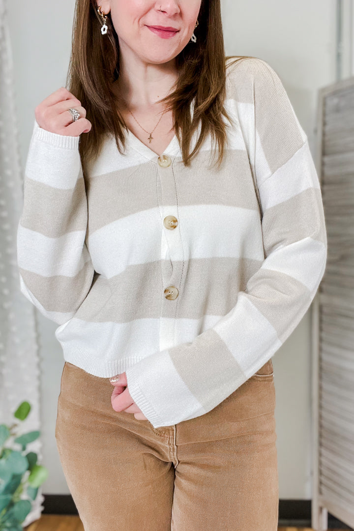 womens knit button cardigan beige stripe drop shoulder oversized 