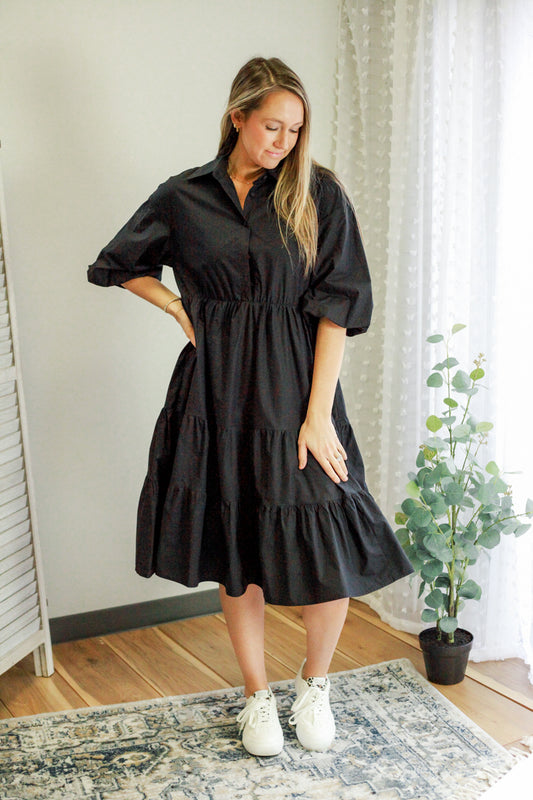 womens tiered midi dress puff sleeves button front nursing-friendly black