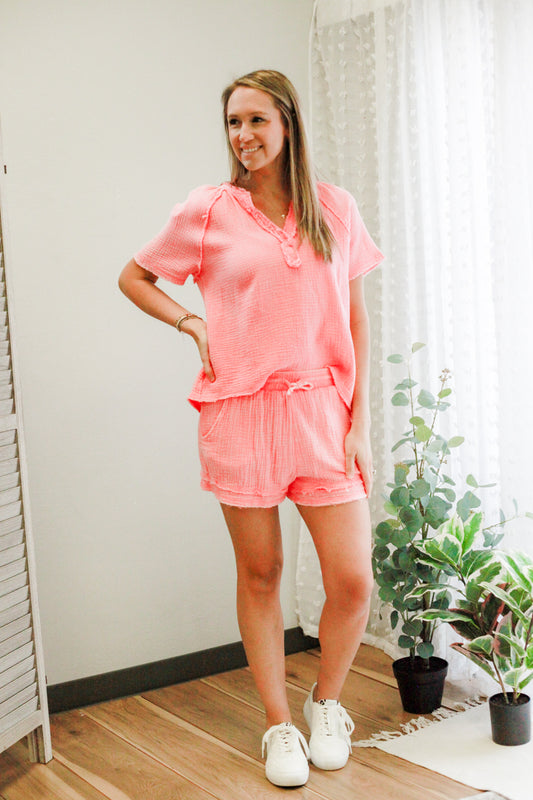 womens cotton gauze pink short set for summer 