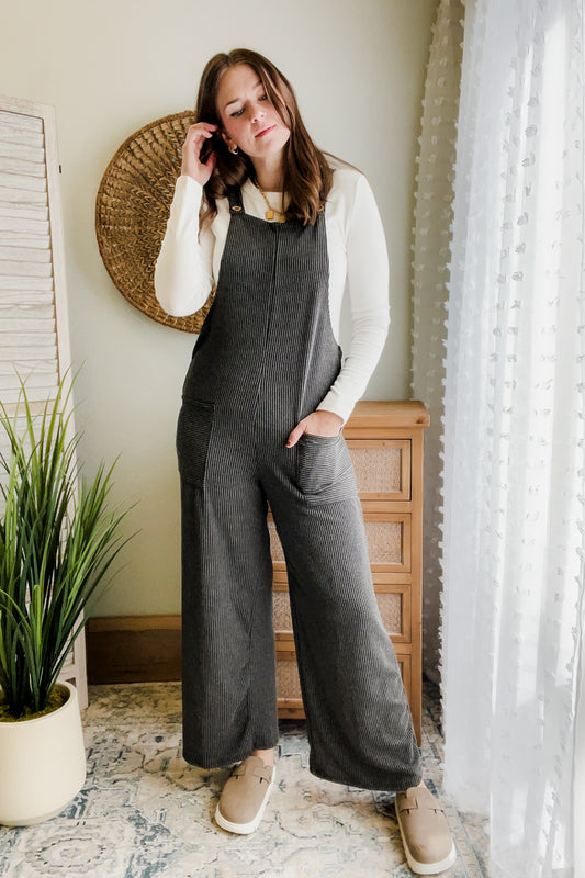 womens rib knit overall charcoal wide leg fall