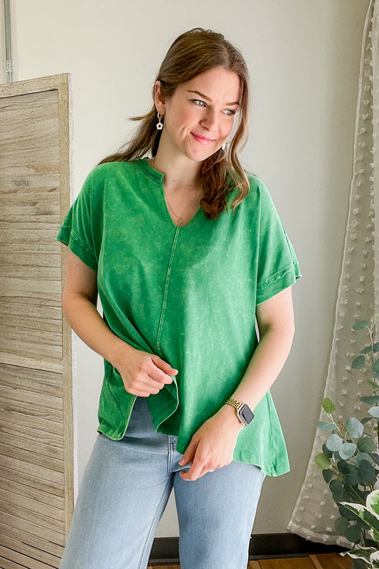 womens green mineral wash v-neck short sleeve loose top