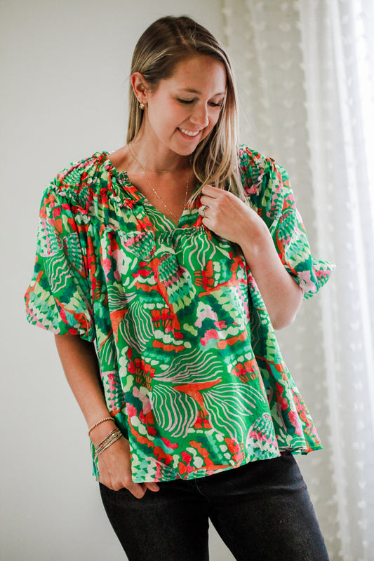 womens abstract green print puff sleeve v-neck blouse