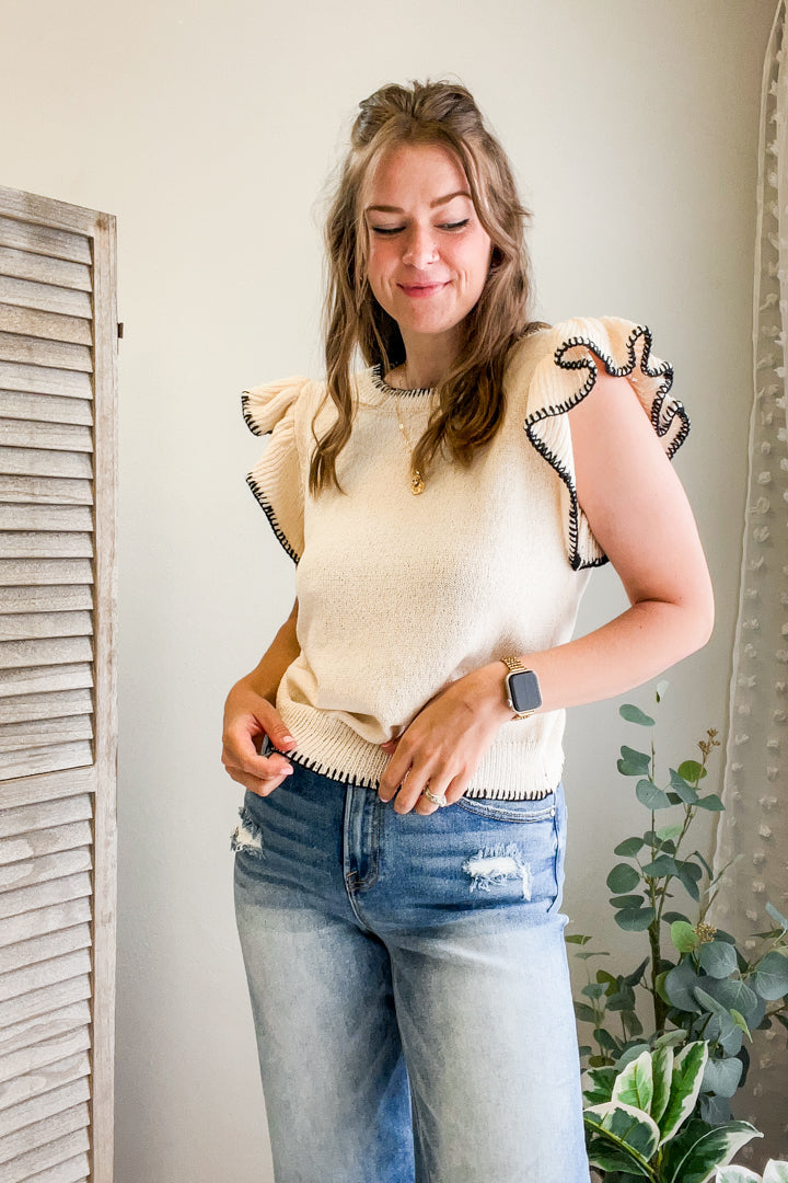 womens knit ruffle sleeve tank top ivory black