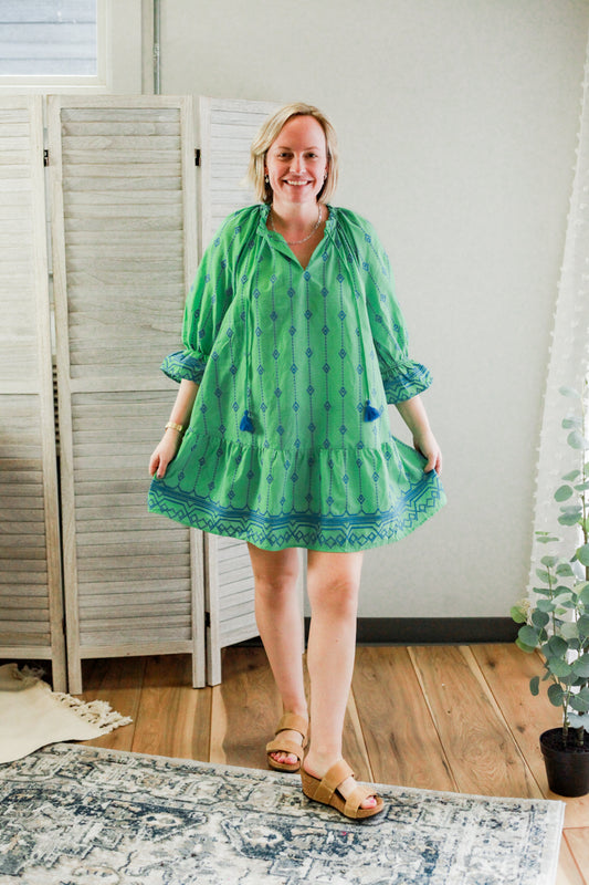 womens embroidered green blue mini ruffle hem dress long sleeve