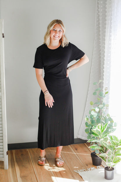 womens button back black midi dress short sleeve