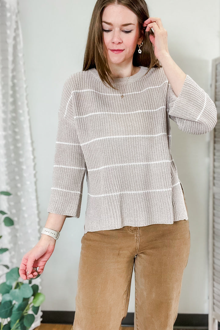 womens side slir 3/4 sleeve knit sweater taupe stripe crew neck