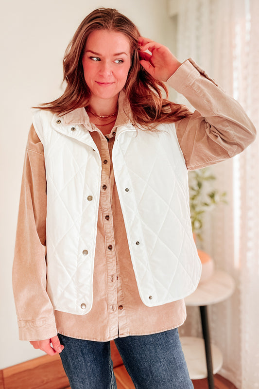 womens quilted snap vest white