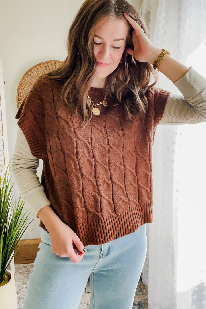 womens brown cable knit sweater vest fall