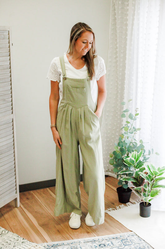 womens linen adjustable strap overalls olive green