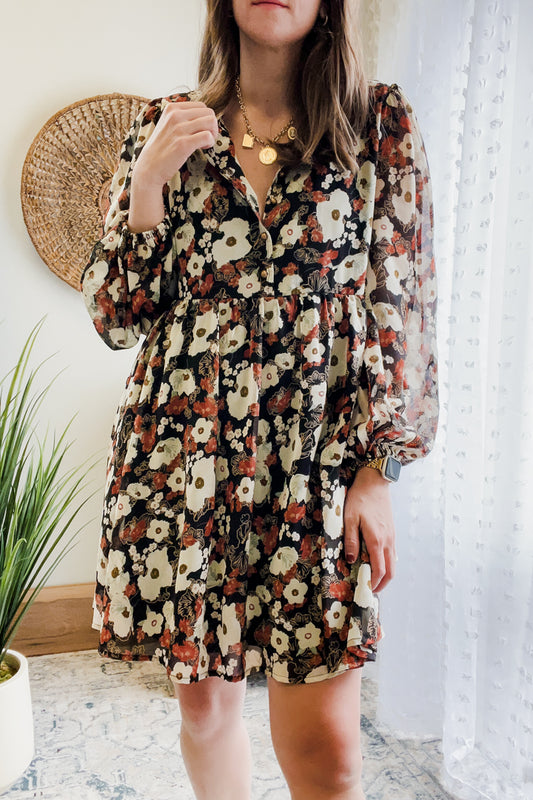 womens floral babydoll long sleeve dress sheer fall