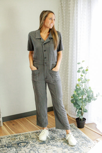womens vintage wash button utility jumpsuit grey