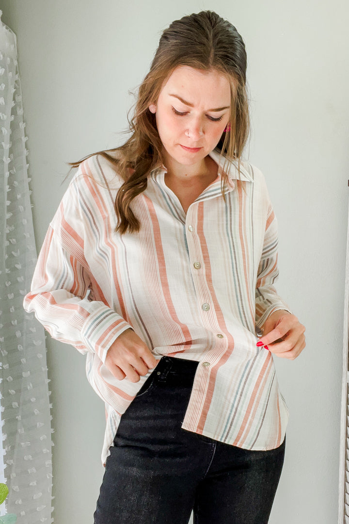 womens multi stripe button shirt linen lightweight