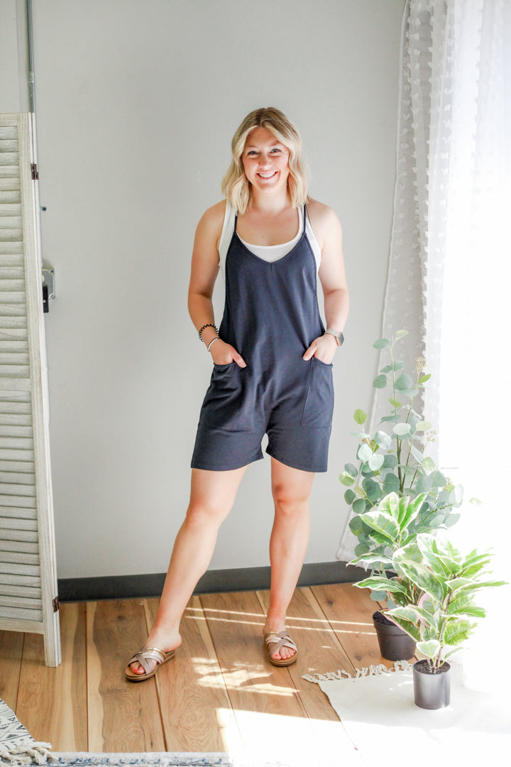 womens navy blue sleeveless pocket romper 