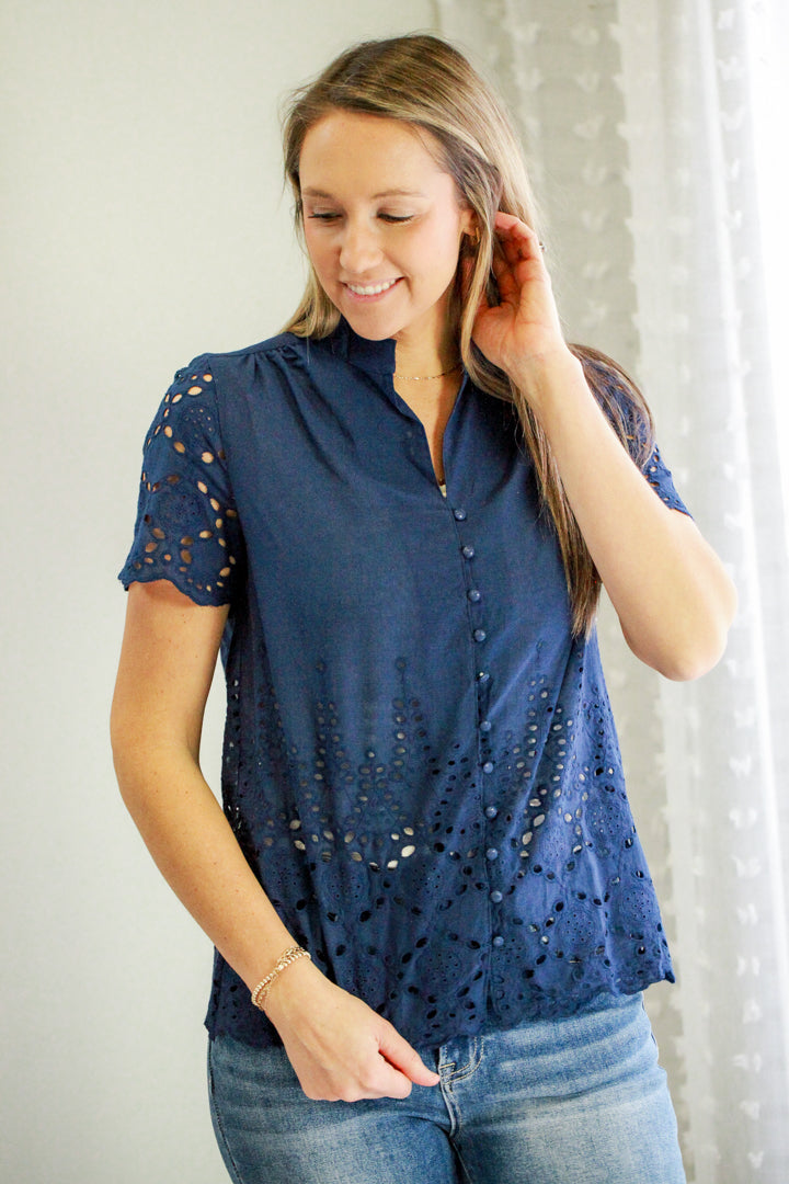 womens navy eyelet lace short sleeve button blouse listicle
