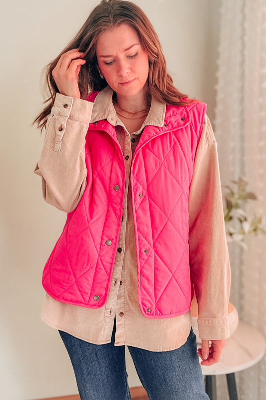womens quilted snap vest hot pink