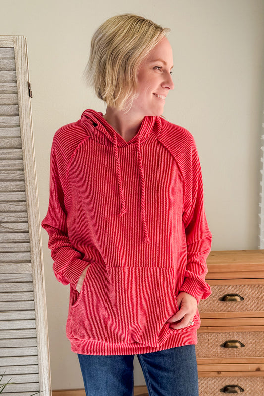 womens rib knit red hooded sweatshirt